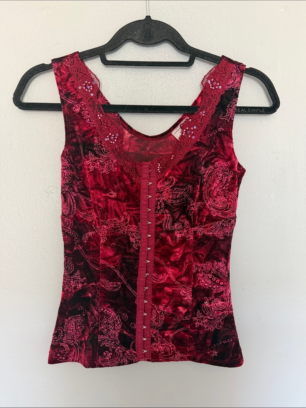 rave Women’s Burgundy Velvet Lace Embellished Corset Top Medium